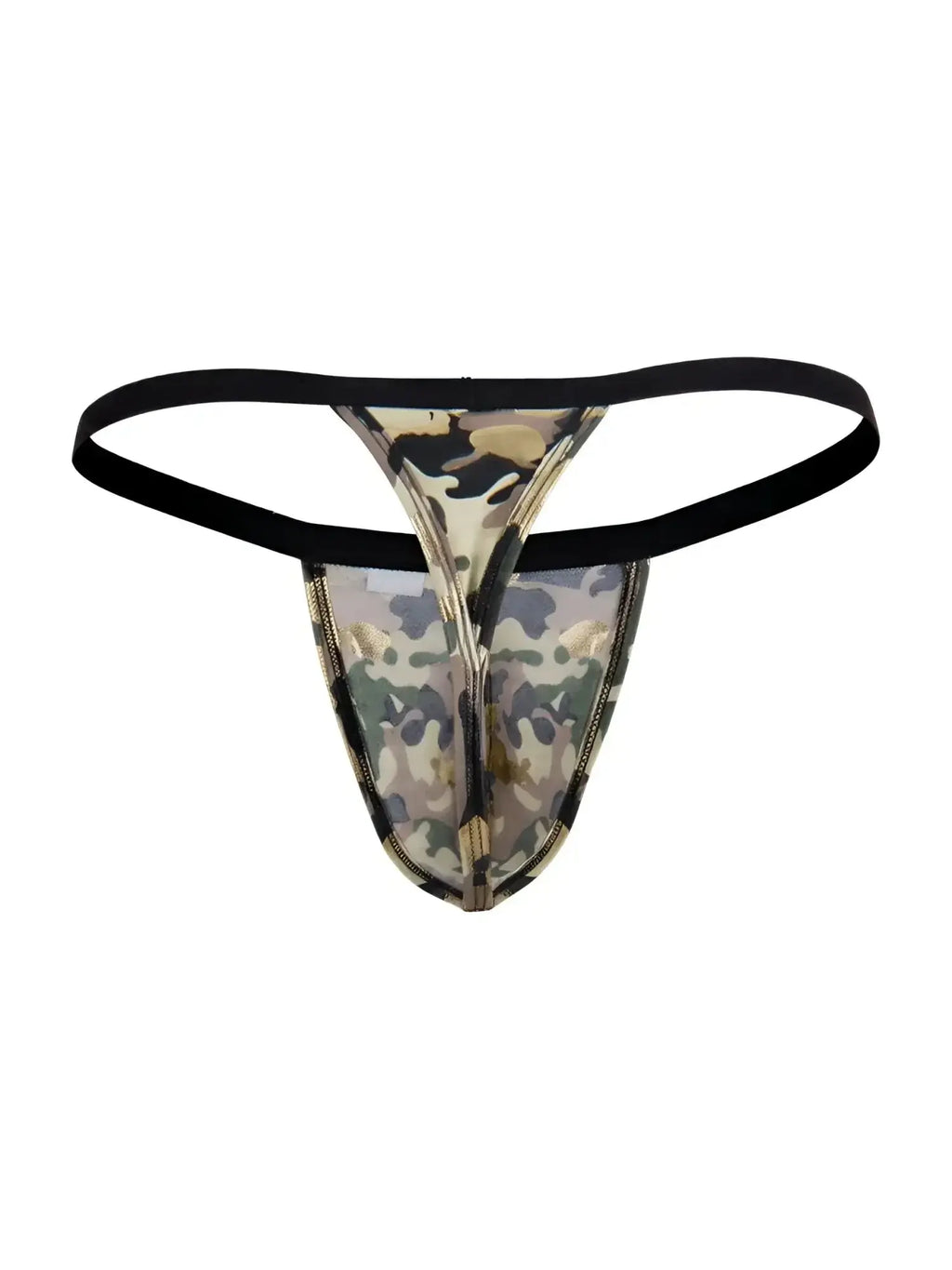 CandyMan 99939 thong in camo, front view showing the G-string underwear design.