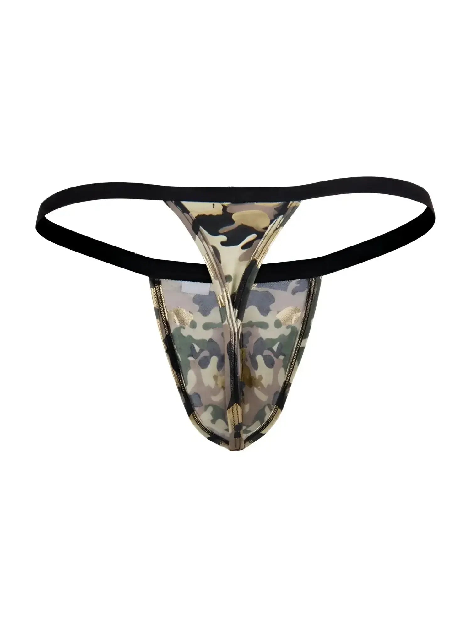 CandyMan 99939 thong in camo, front view showing the G-string underwear design.
