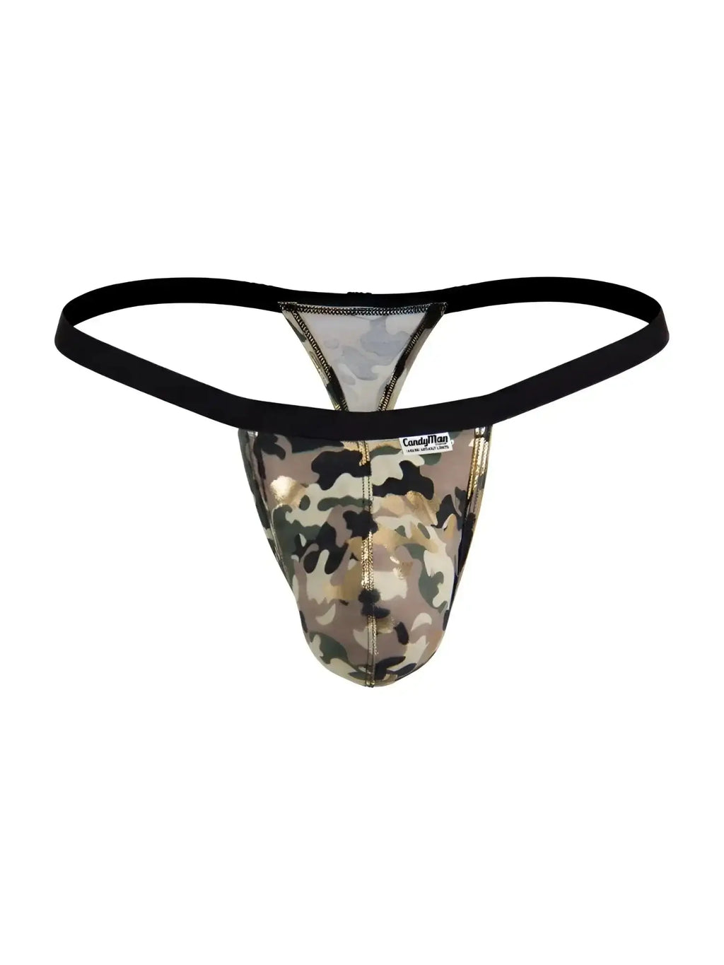 Front view of CandyMan 99939 thong in camo print with black waistband.
