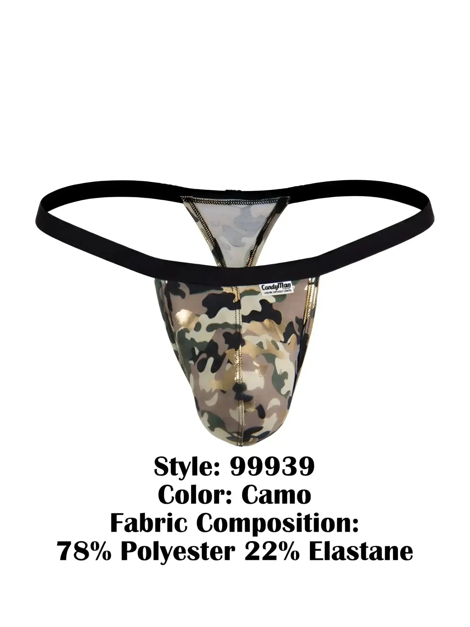Front view of CandyMan 99939 camo thong underwear with black waistband.