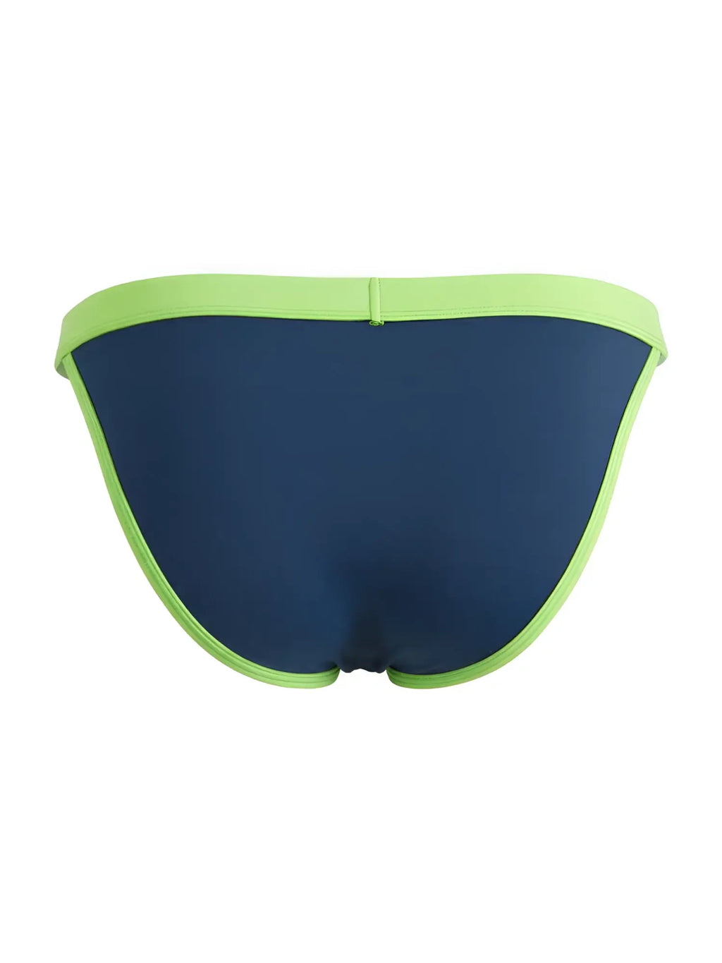 CandyMan navy bikini briefs featuring a contrasting lime green waistband and leg trim.