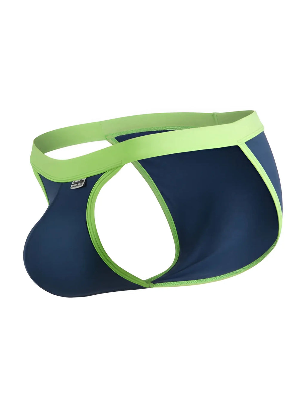 CandyMan 99941 navy bikini brief with lime green trim, featuring a side-cutout design and contour pouch.