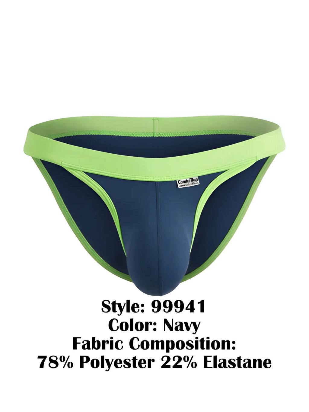 CandyMan 99941 navy bikini brief with contrast lime green waistband and trim, featuring a contoured pouch.