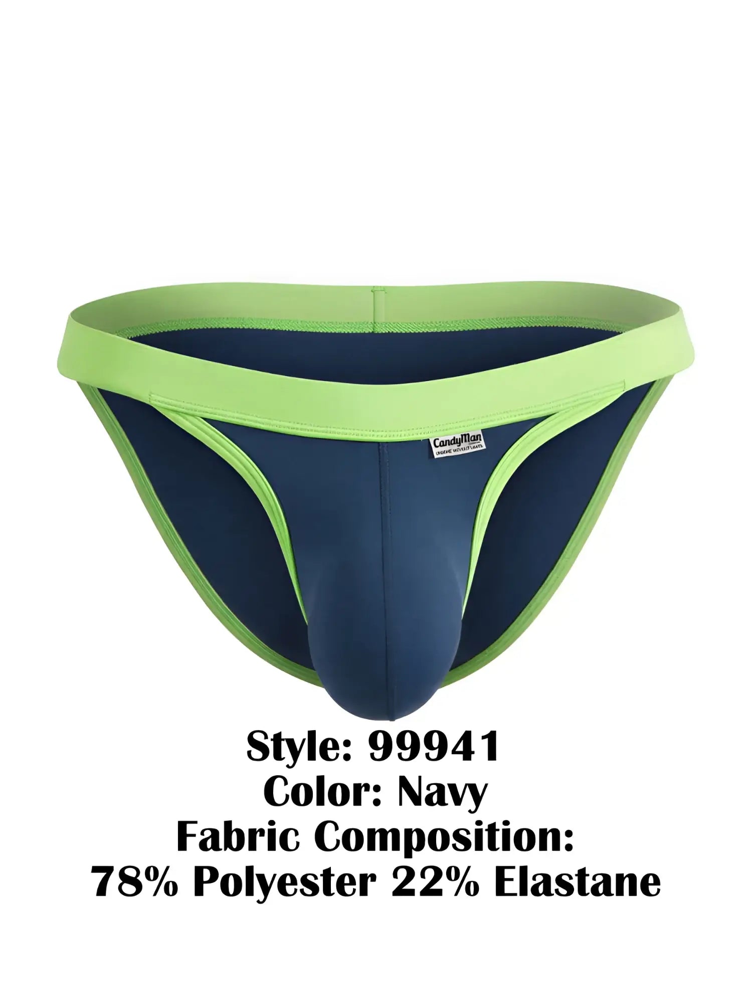 CandyMan 99941 navy bikini brief with contrast lime green waistband and trim, featuring a contoured pouch.