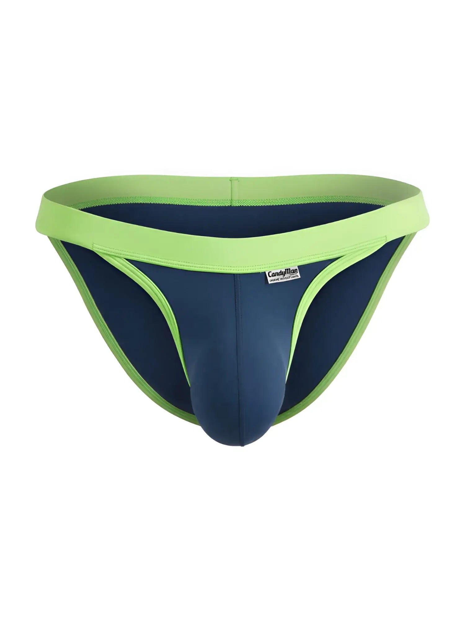 CandyMan navy blue bikini brief with contrast lime green waistband and trim, featuring a small branded side label.