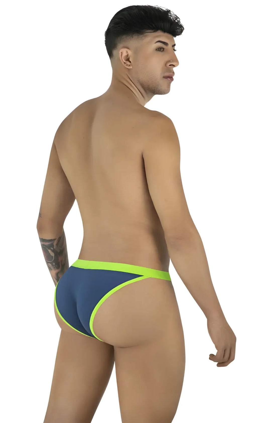 CandyMan navy bikini briefs with bright lime green waistband and trim, viewed from the side and back.