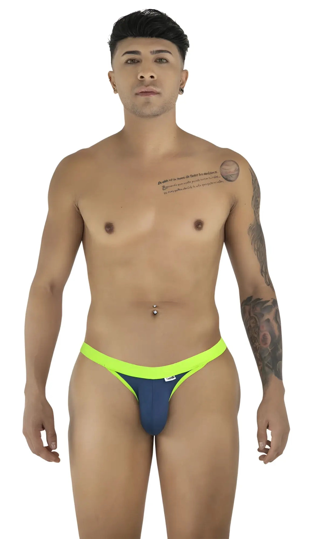 CandyMan navy bikini underwear with a contrasting neon yellow waistband on a fit male model.