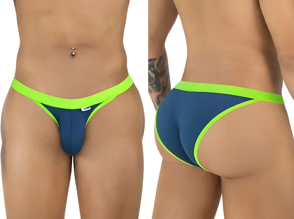 CandyMan navy bikini underwear with bright lime green trim, shown from front and back views on a male model.