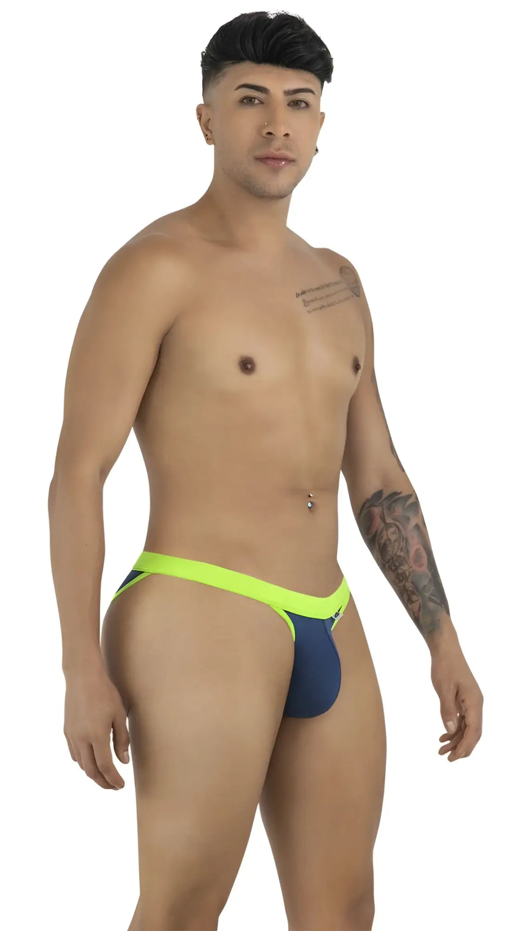 CandyMan navy bikini brief featuring a contrasting neon yellow waistband and trim on a fit model.