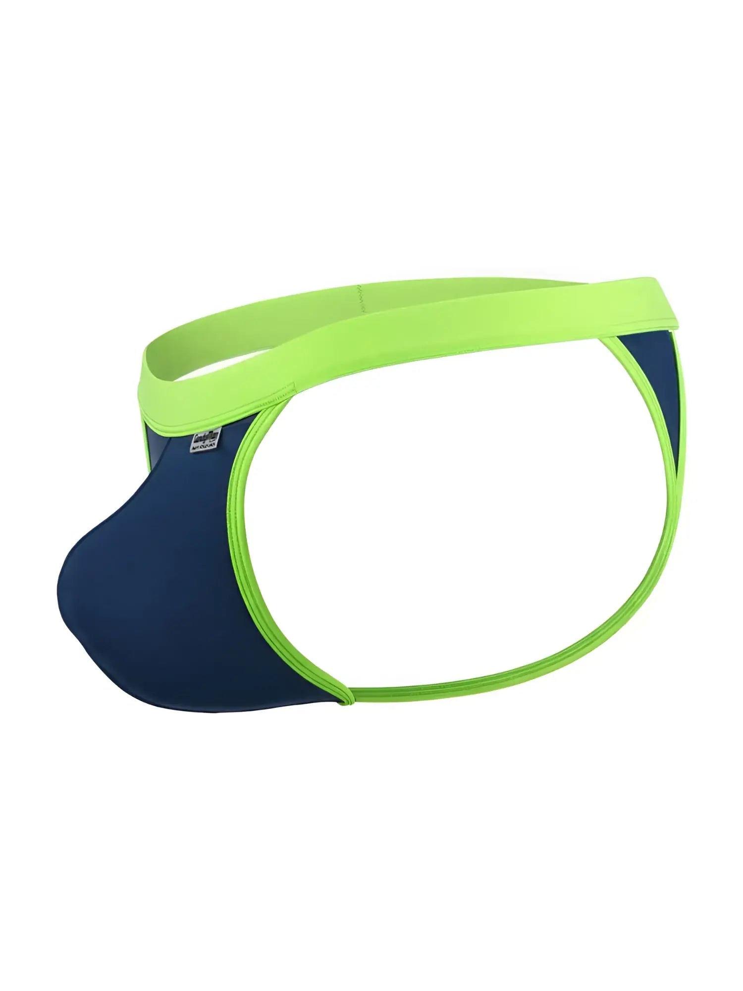 CandyMan navy blue thong featuring a vibrant lime green elastic waistband and trim with a side logo tag.