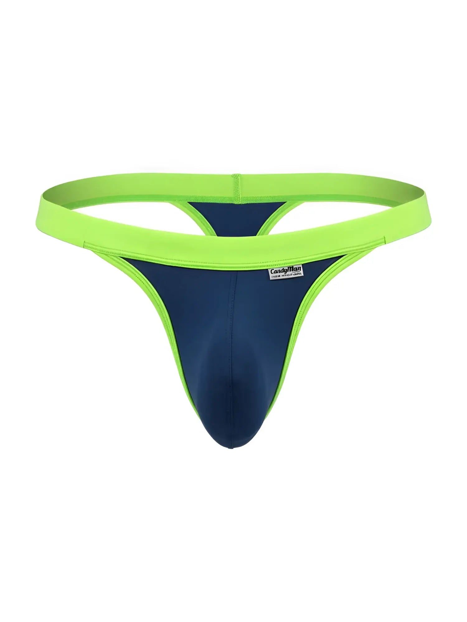 CandyMan navy thong with a bright lime green waistband, trim, and small brand logo tag on the front.