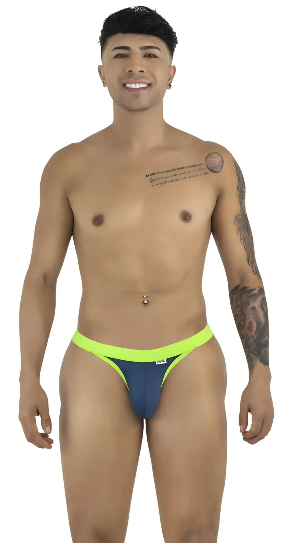 CandyMan navy blue thong with a bright neon yellow waistband and trim on a fit model.