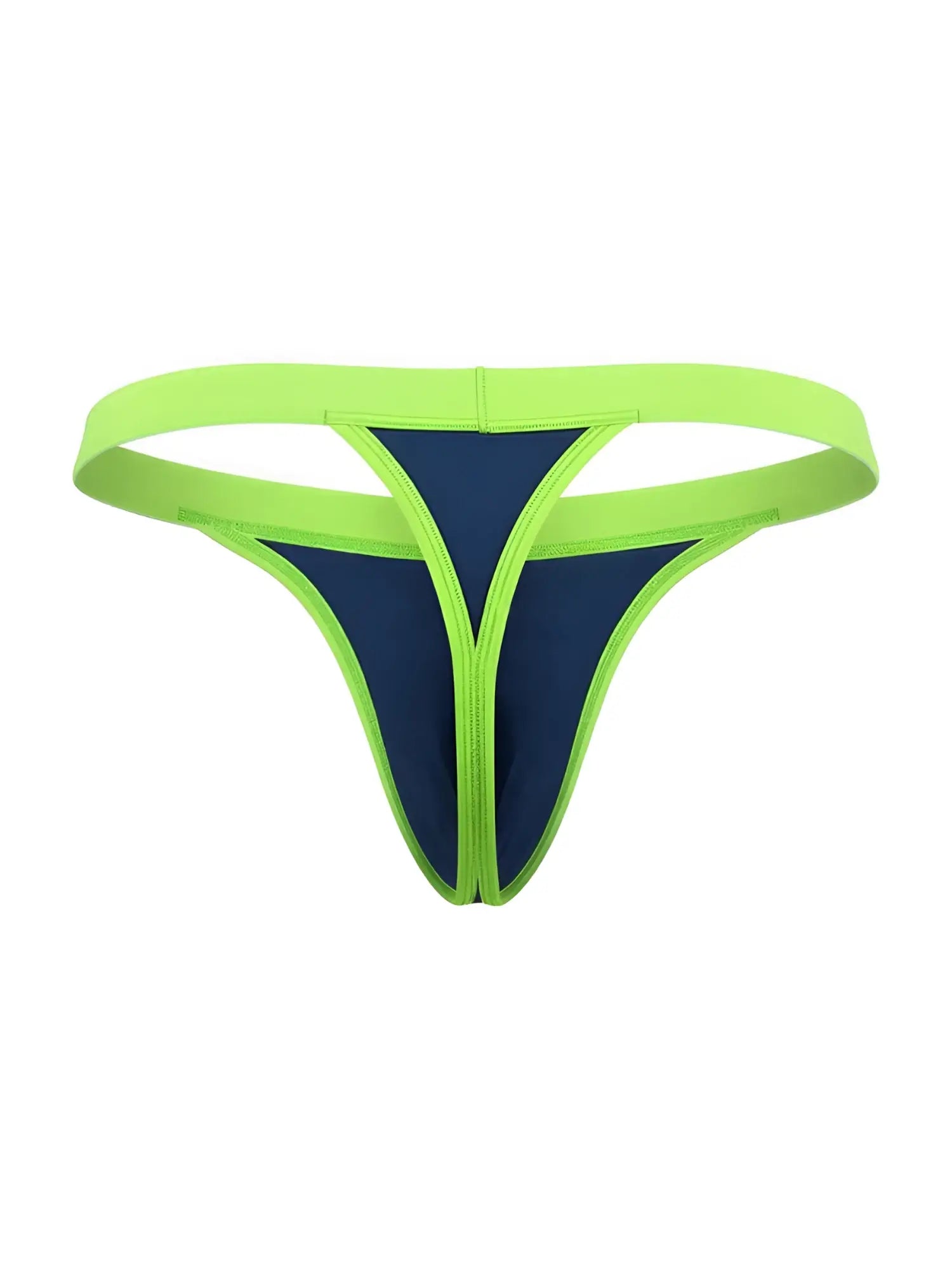 CandyMan navy blue thong featuring a contrasting neon green waistband and trim detailing.