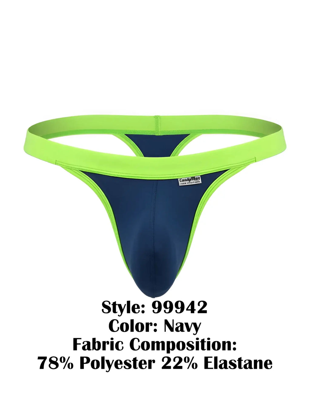 CandyMan navy blue g-string thong with a bright lime green elastic waistband and CandyMan logo tag.
