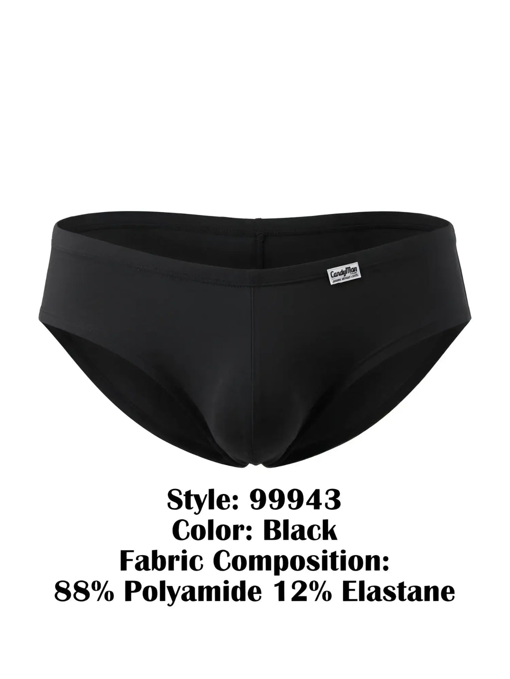 CandyMan 99943 black trunks in a sleek, minimalist style with a small logo tab on the front waistband.