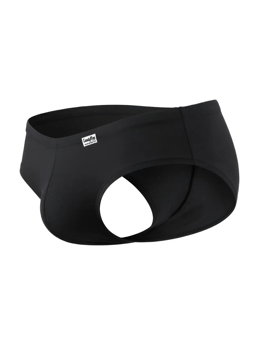 CandyMan black trunks featuring an open-back design with a small brand label on the front waistband.