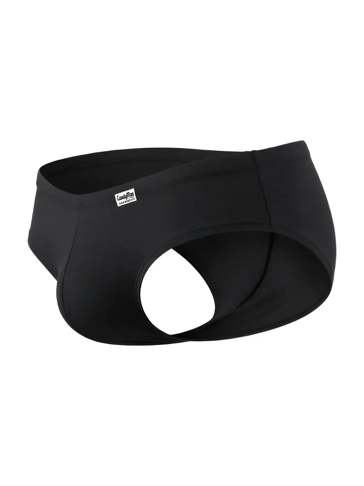 CandyMan black trunks featuring an open-back design with a small brand label on the front waistband.