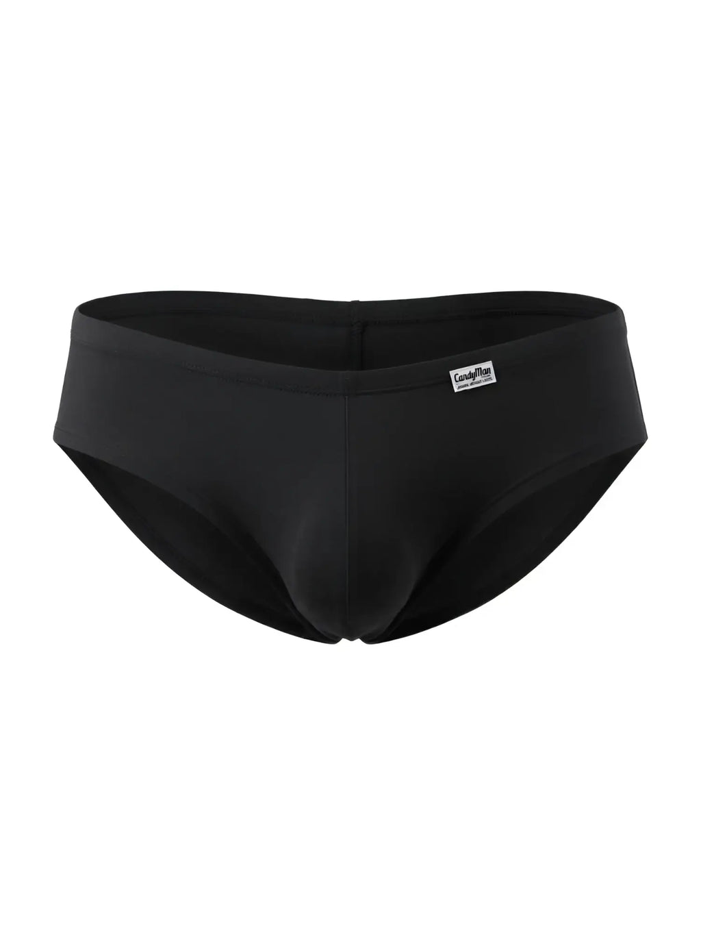 CandyMan black trunks with a form-fitting pouch design and a small white brand label on the waistband.