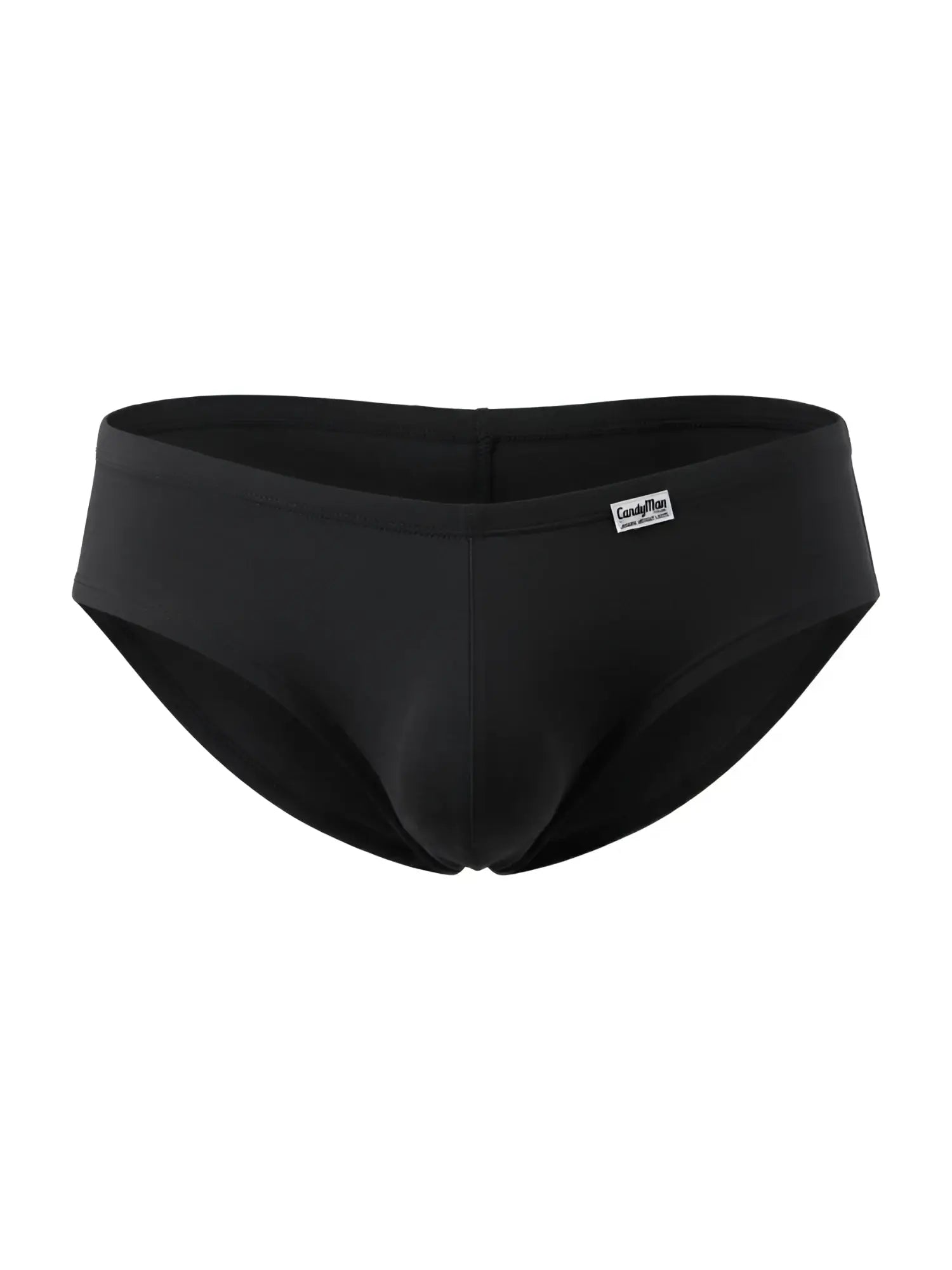 CandyMan black trunks with a form-fitting pouch design and a small white brand label on the waistband.