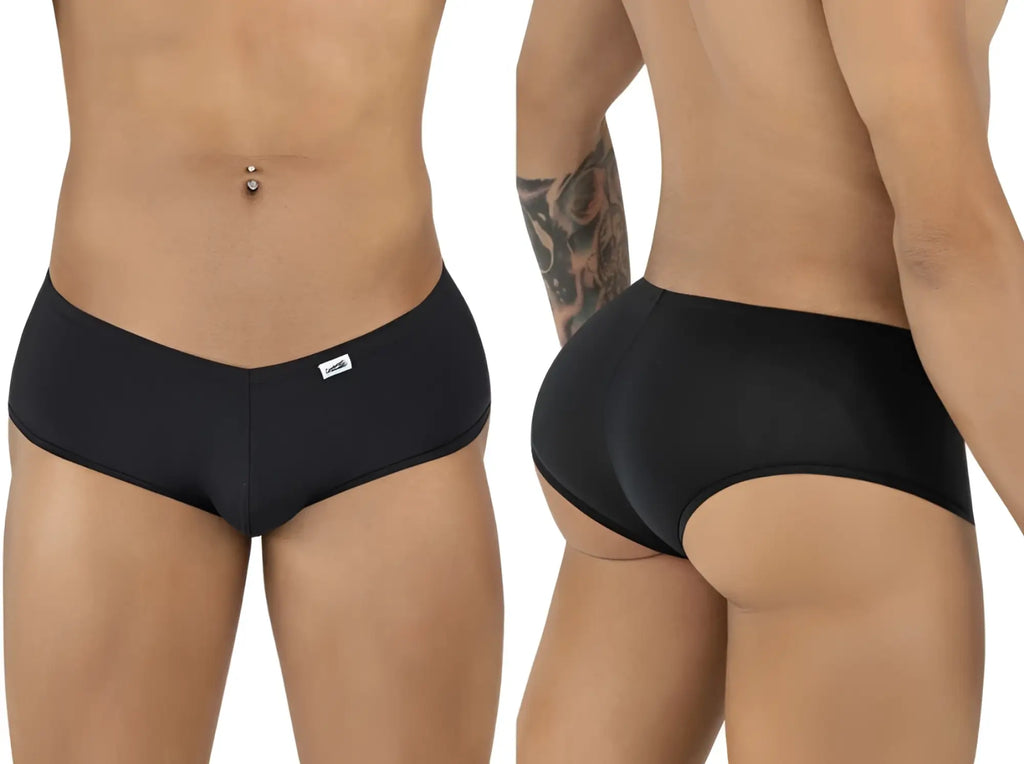 CandyMan 99943 solid black trunks with low-rise fit and front logo tab, shown from front and rear views.