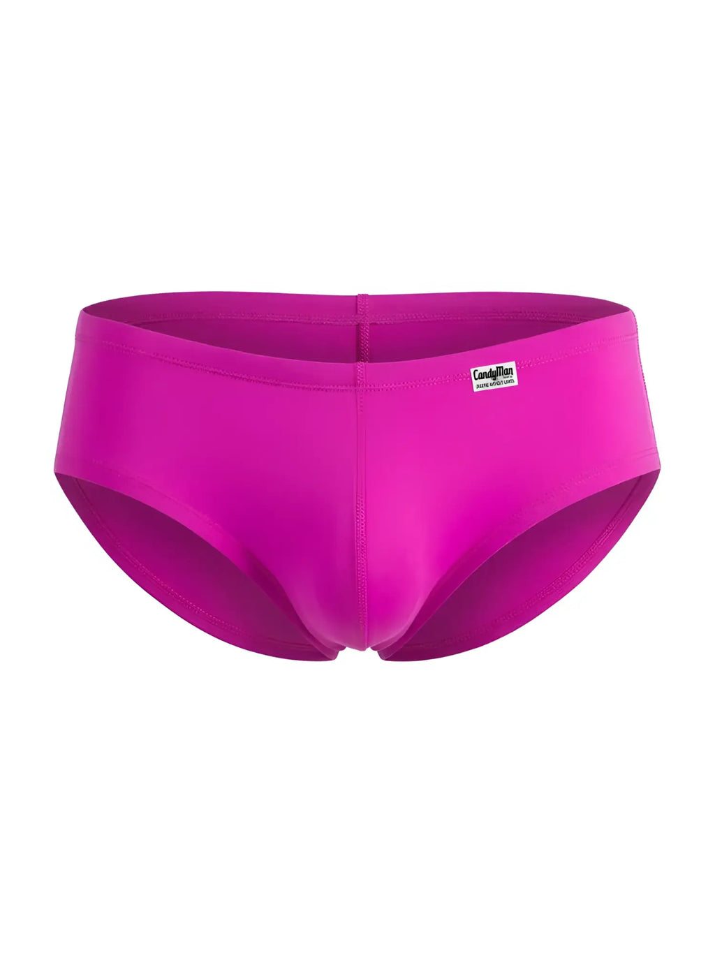 CandyMan magenta low-rise trunks with a contoured pouch and a small white brand logo patch on the side.