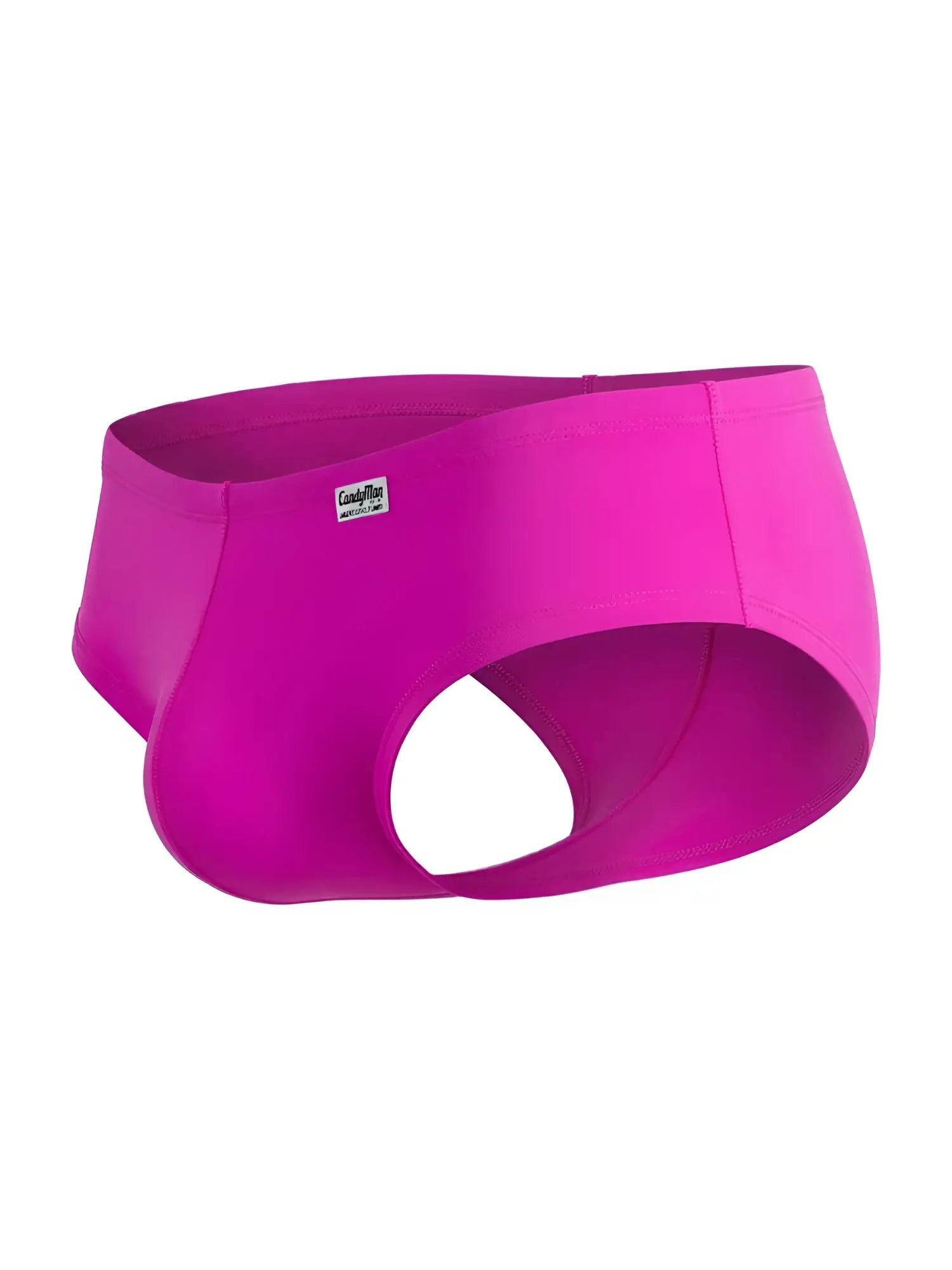Magenta CandyMan trunks with a wide, open-back cutout design and a small branded logo tab on the front.