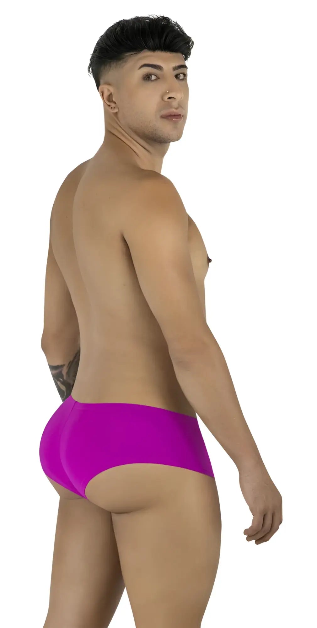 CandyMan 99943 magenta trunks with a sleek, low-rise, form-fitting design shown from the rear view on a male model.