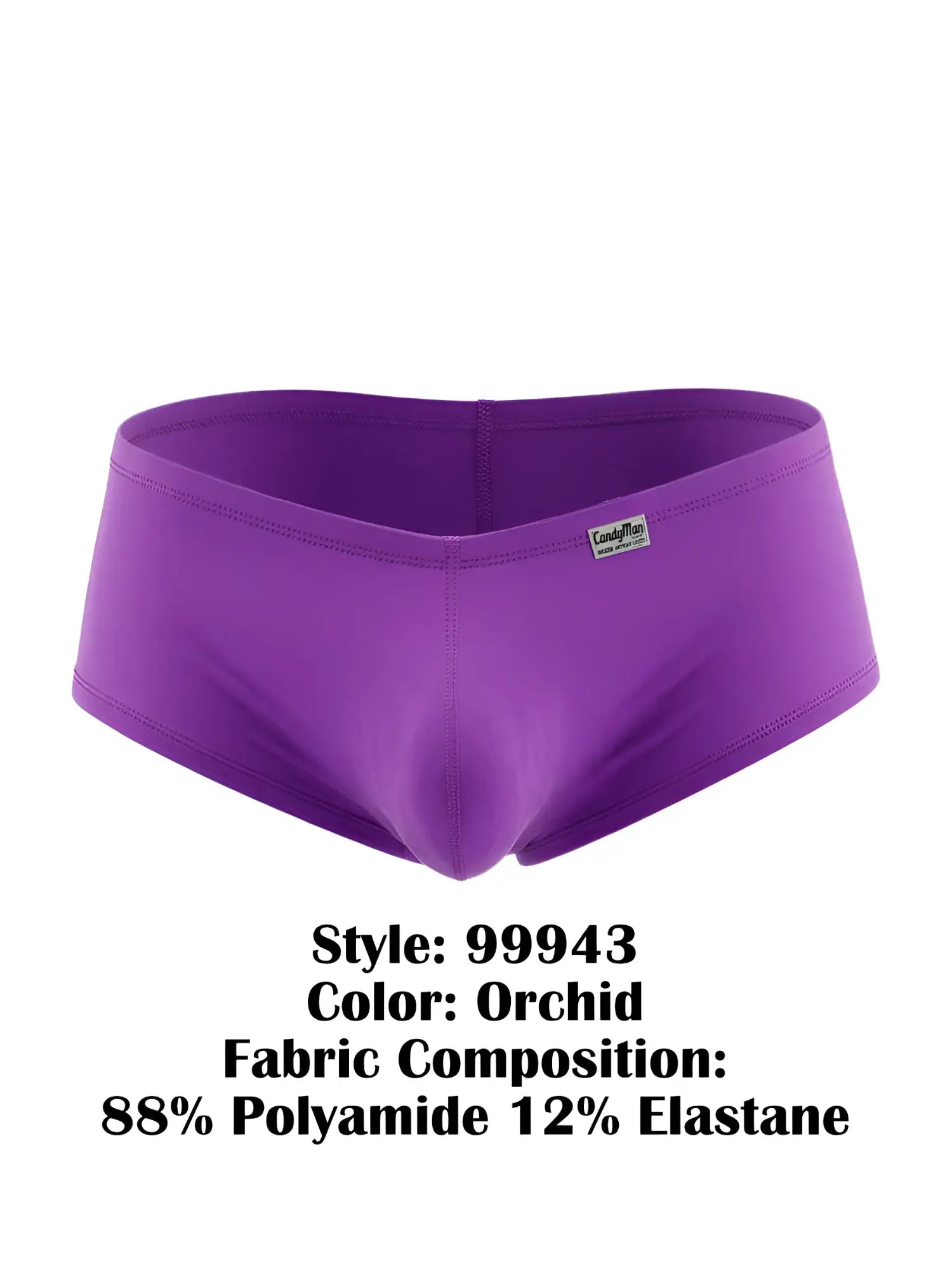 CandyMan 99943 trunks in orchid purple, featuring a contoured front pouch and a small logo tag on the waistband.