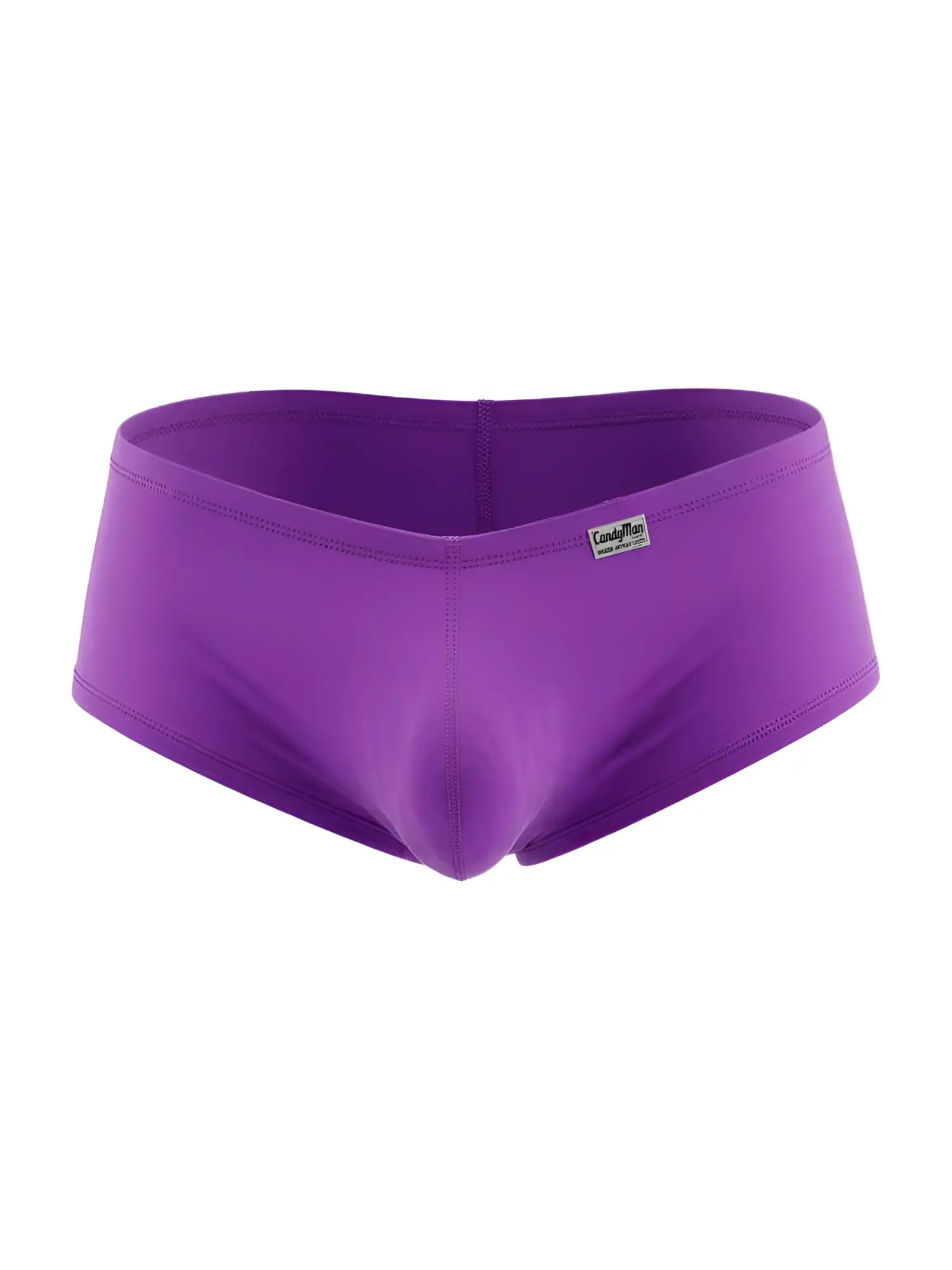CandyMan orchid purple low-rise trunks with a contoured pouch and small brand logo tag on the hip.
