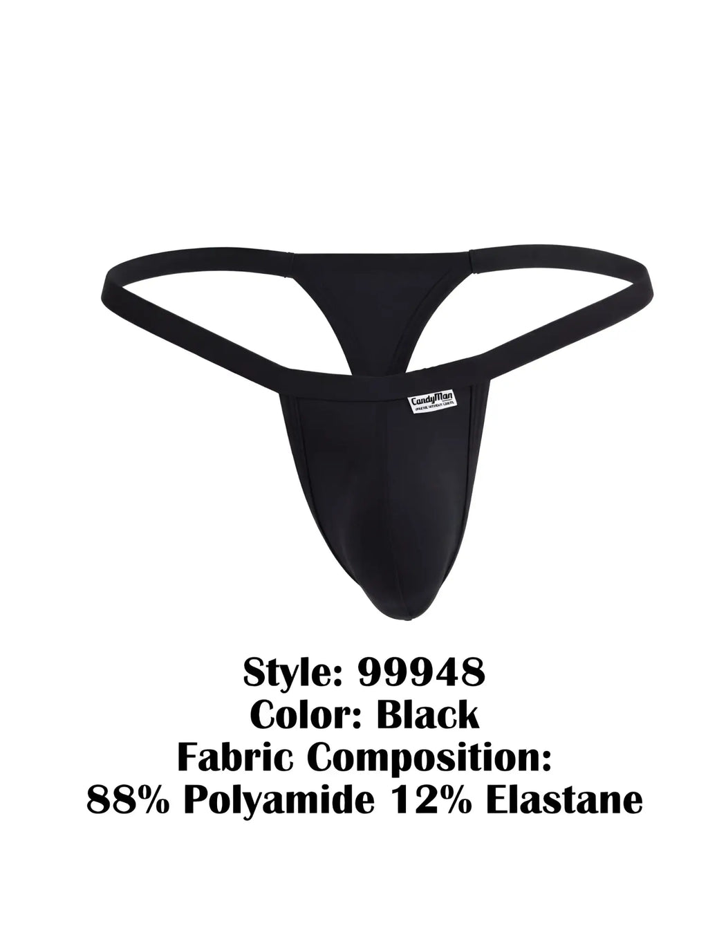 CandyMan black thong with minimal waistband and a pouch front, featuring a white brand logo tag.