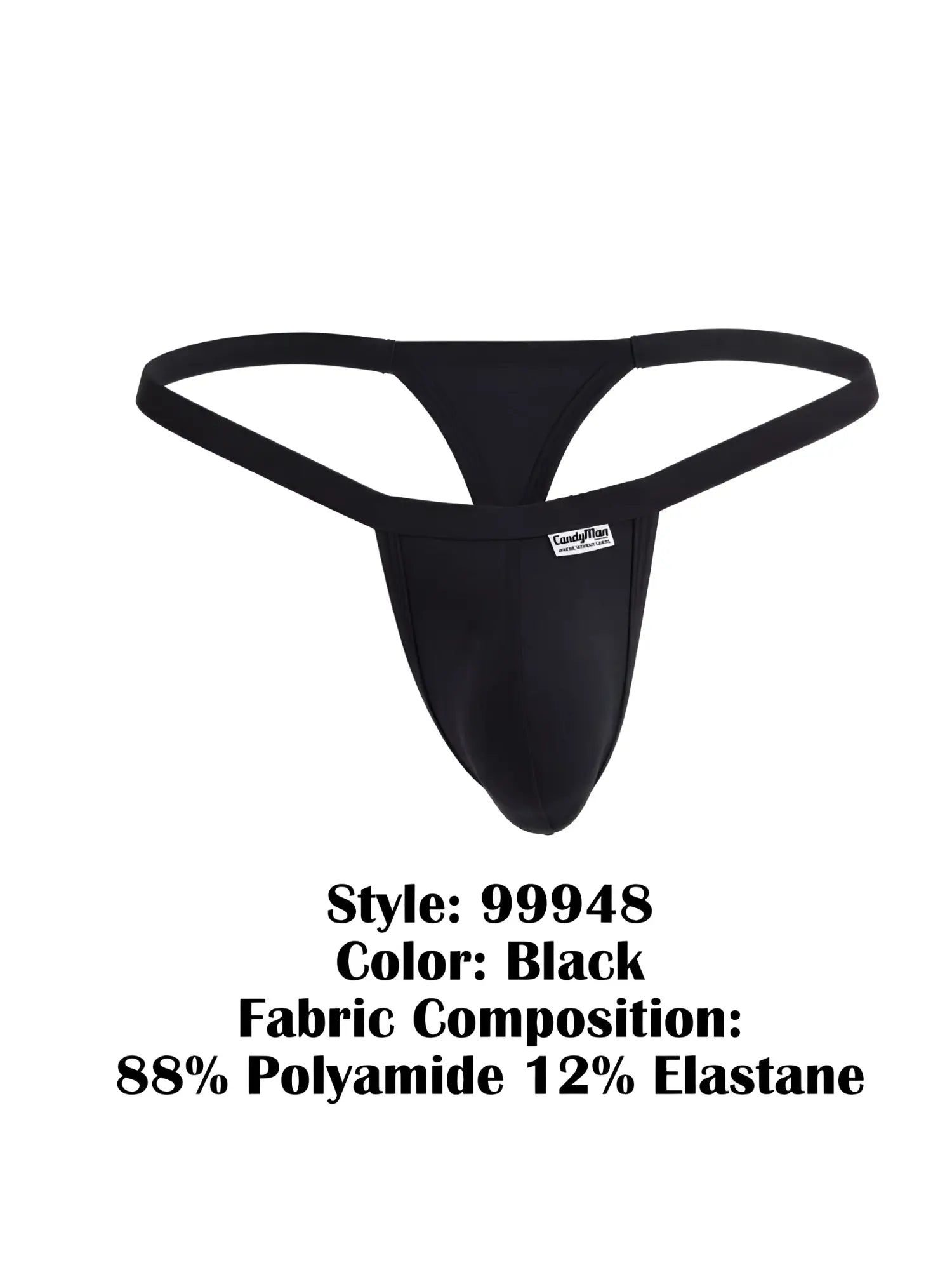 CandyMan black thong with minimal waistband and a pouch front, featuring a white brand logo tag.