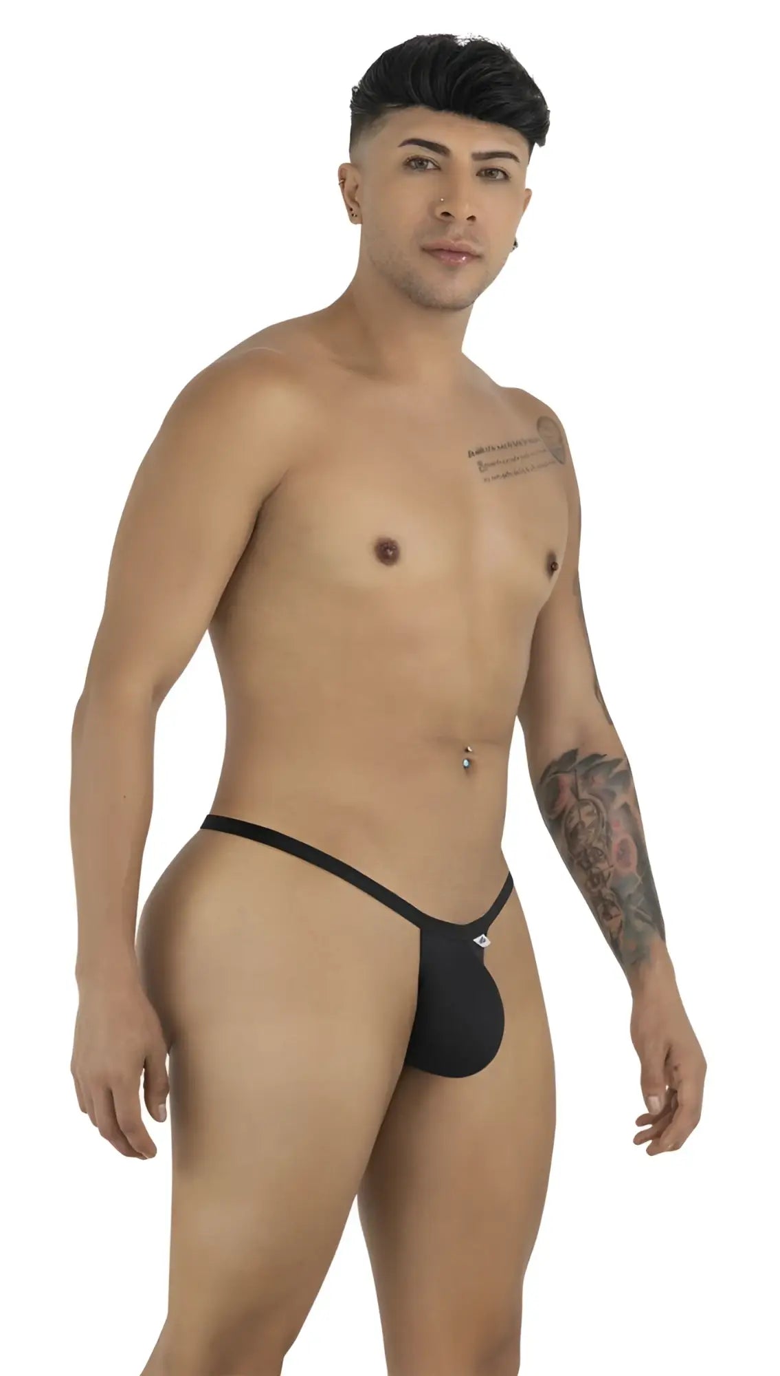 Man wearing a black CandyMan G-string thong with a minimalist, thin-strap design on a white background.