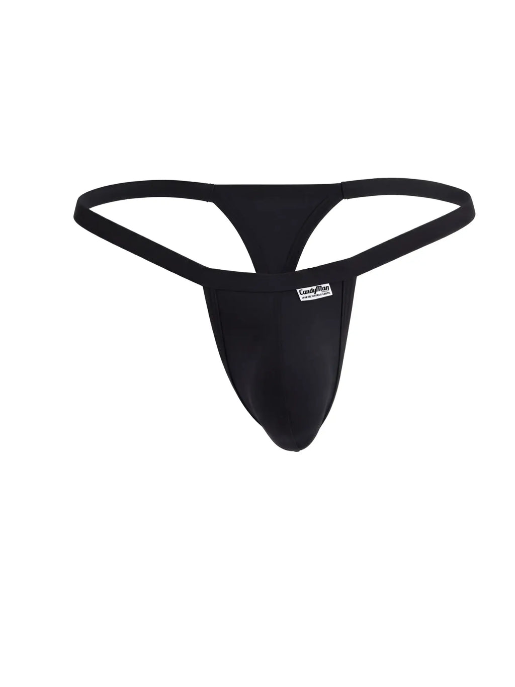 CandyMan black G-string thong with a contoured front pouch and thin waistband, featuring a small white logo tag.