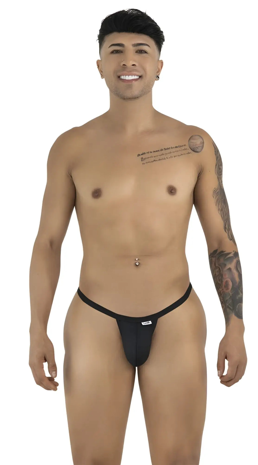 CandyMan black G-string thong with thin waistband and minimalist front pouch on a smiling man.