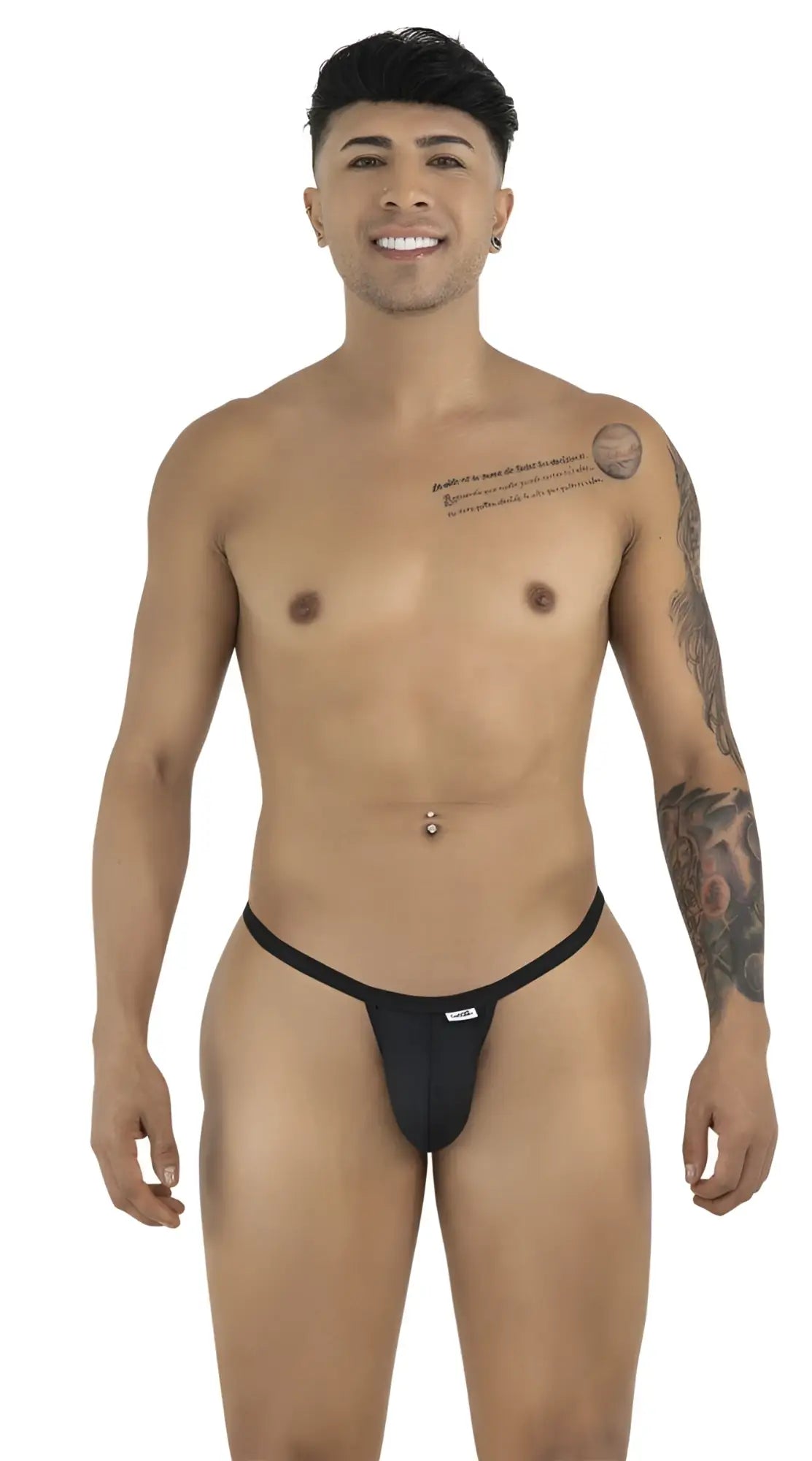 CandyMan black G-string thong with thin waistband and minimalist front pouch on a smiling man.