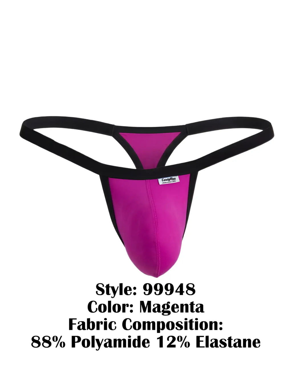 Magenta CandyMan 99948 G-string thong with black waistband and a pouch design, set against a white background.