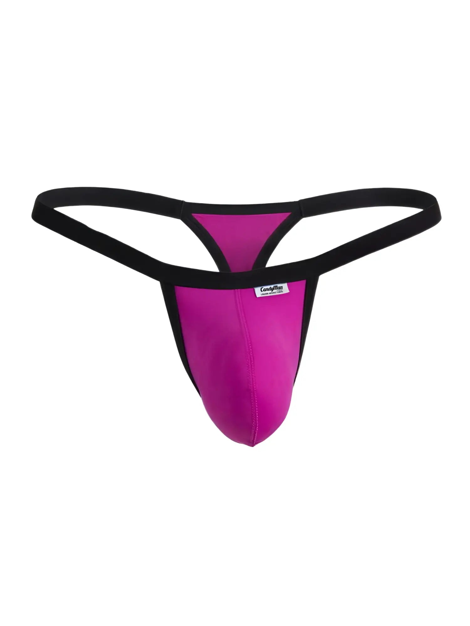 CandyMan magenta g-string thong with black elastic waistband and trim and a small CandyMan logo tag.