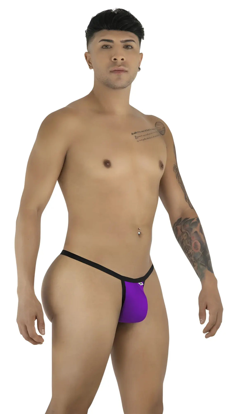 CandyMan orchid purple G-string thong with black trim worn by a man against a white background.