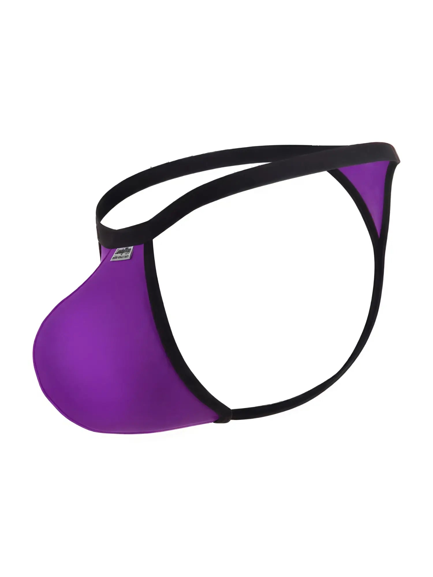 CandyMan orchid purple g-string thong with black trim and a small logo tag, featuring a contoured front pouch.