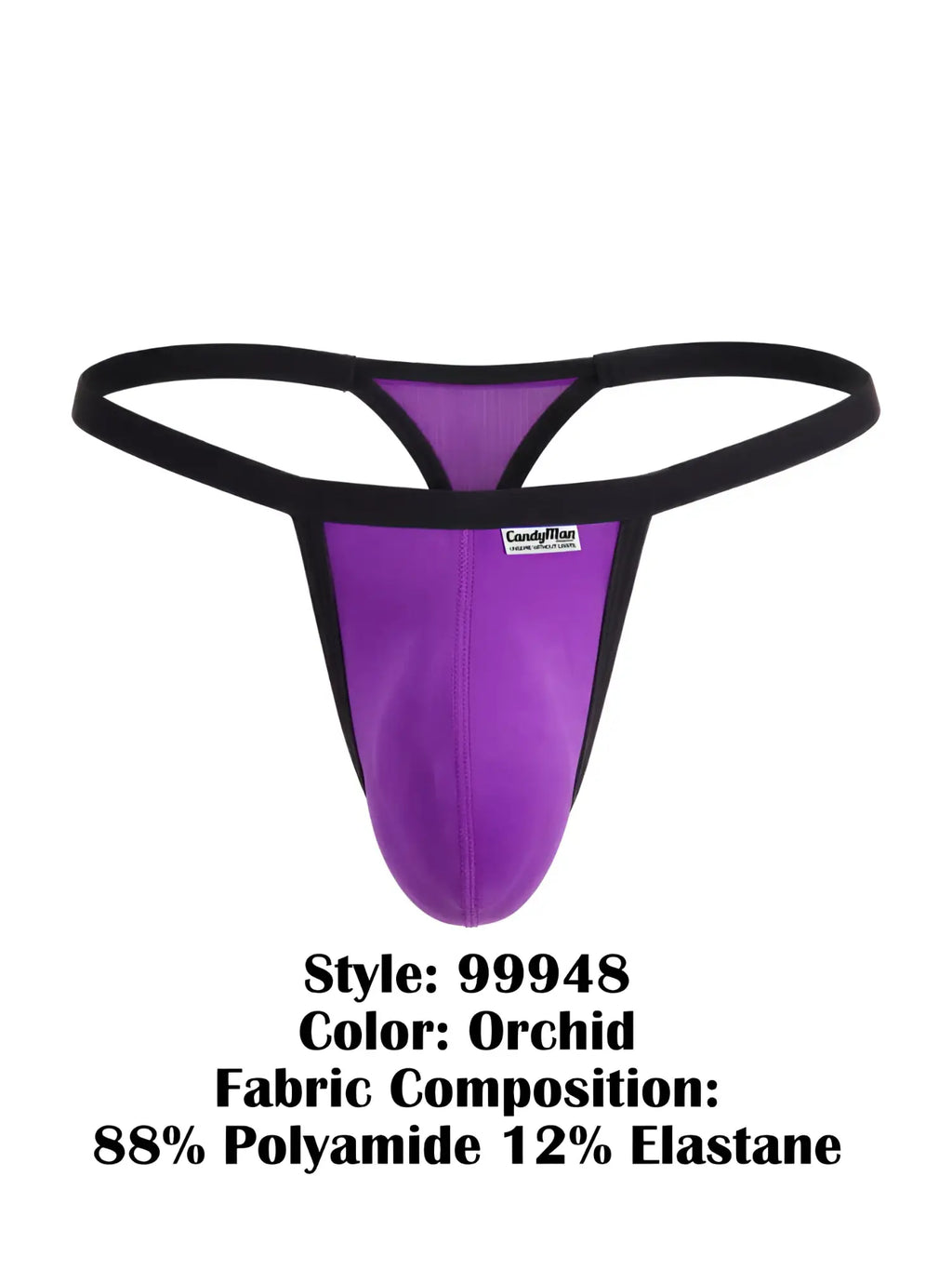 CandyMan 99948 orchid purple G-string thong with black waistband and supportive contoured pouch.