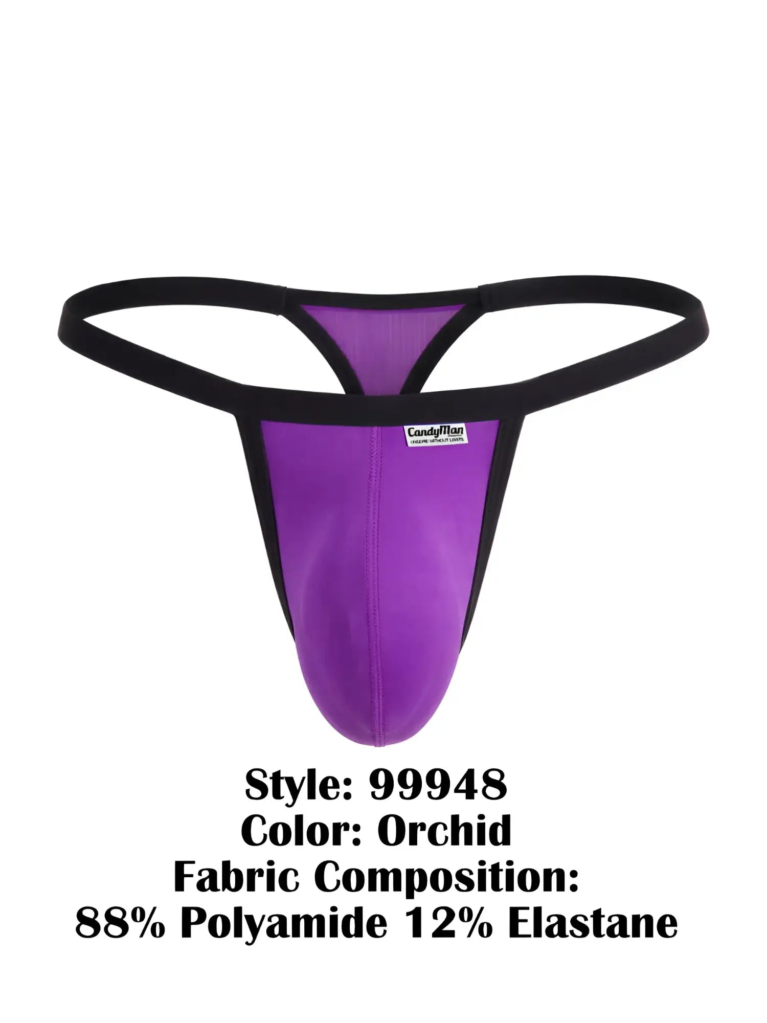 CandyMan 99948 orchid purple G-string thong with black waistband and supportive contoured pouch.