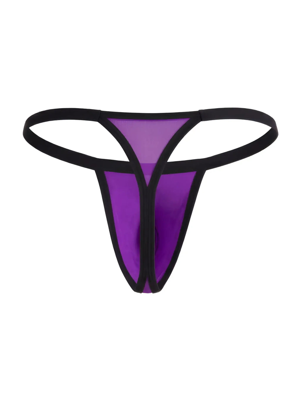 CandyMan orchid purple G-string thong with sheer mesh front panel and black trim.