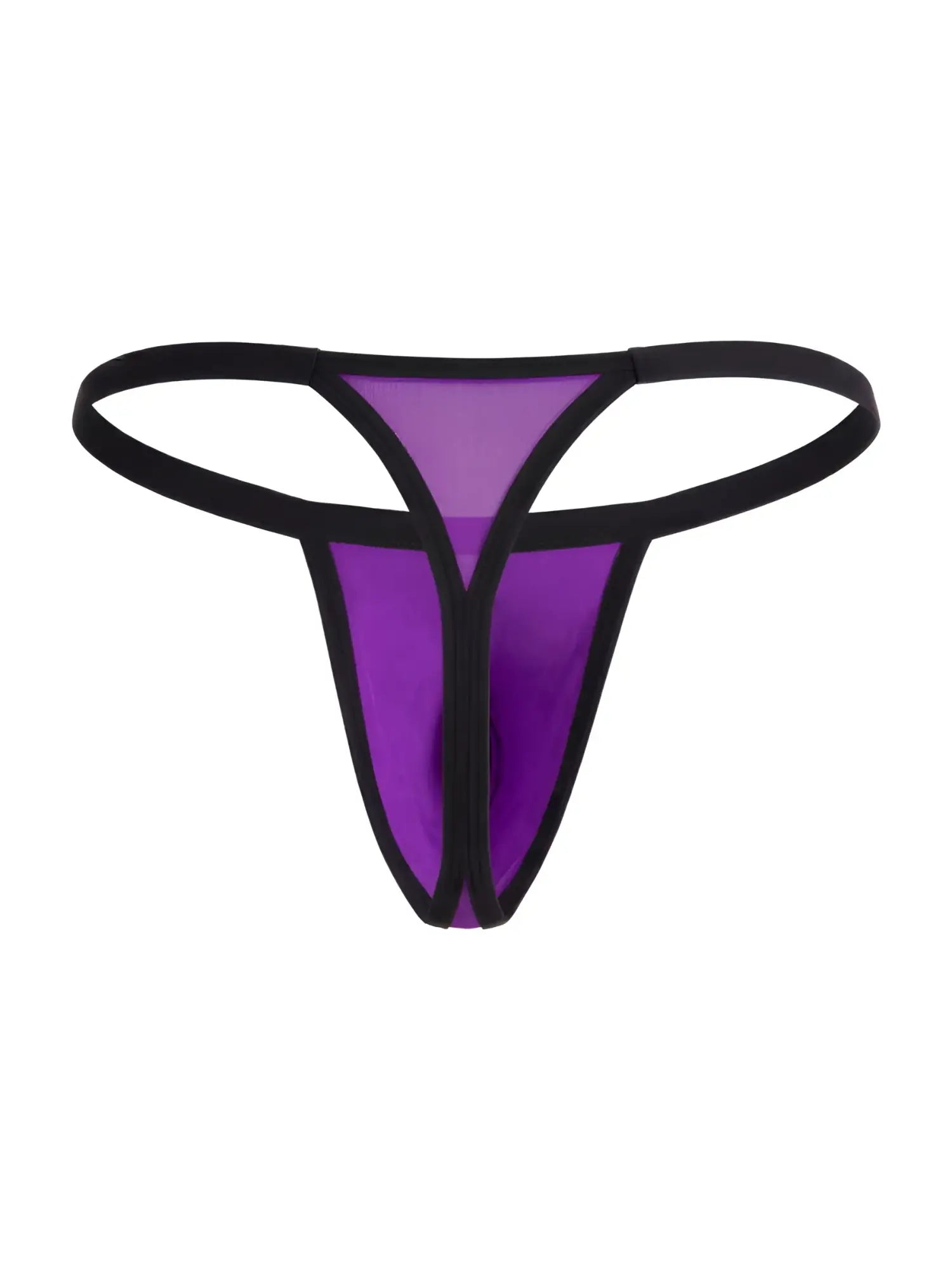 CandyMan orchid purple G-string thong with sheer mesh front panel and black trim.