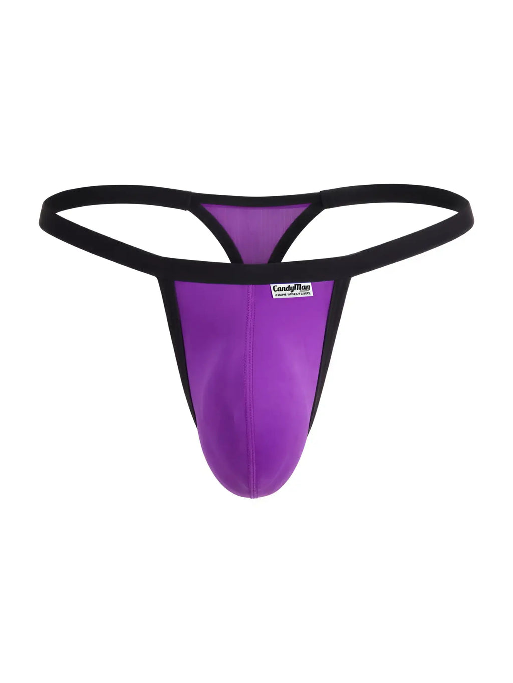 CandyMan orchid purple G-string thong with black trim and white logo label on the front pouch.