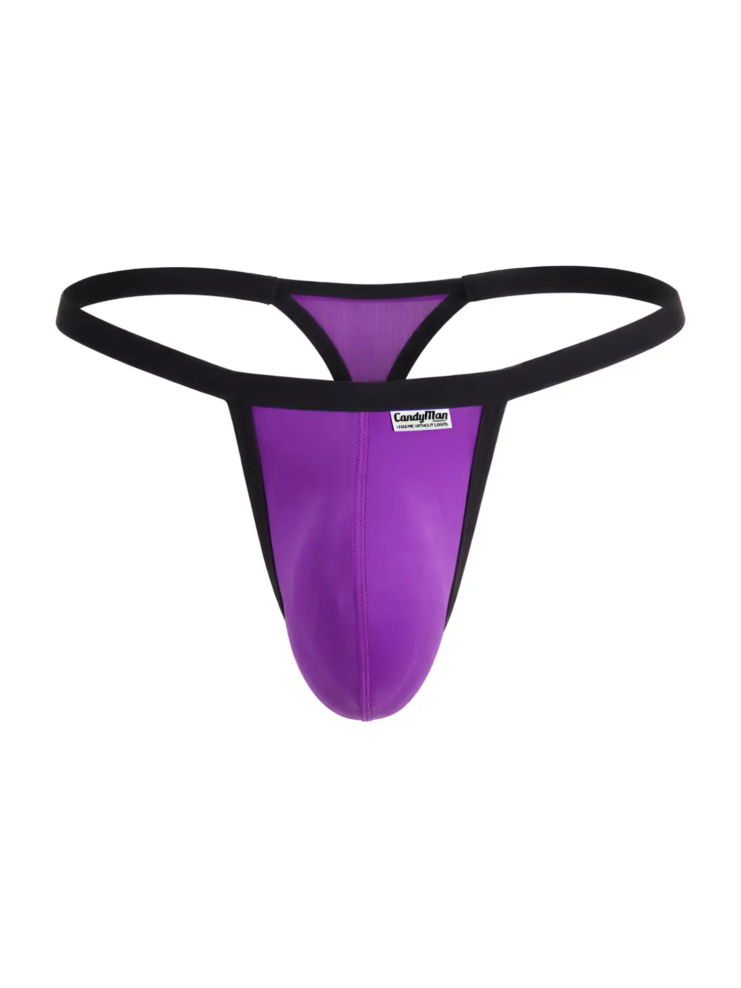 CandyMan orchid purple G-string thong with black trim and white logo label on the front pouch.