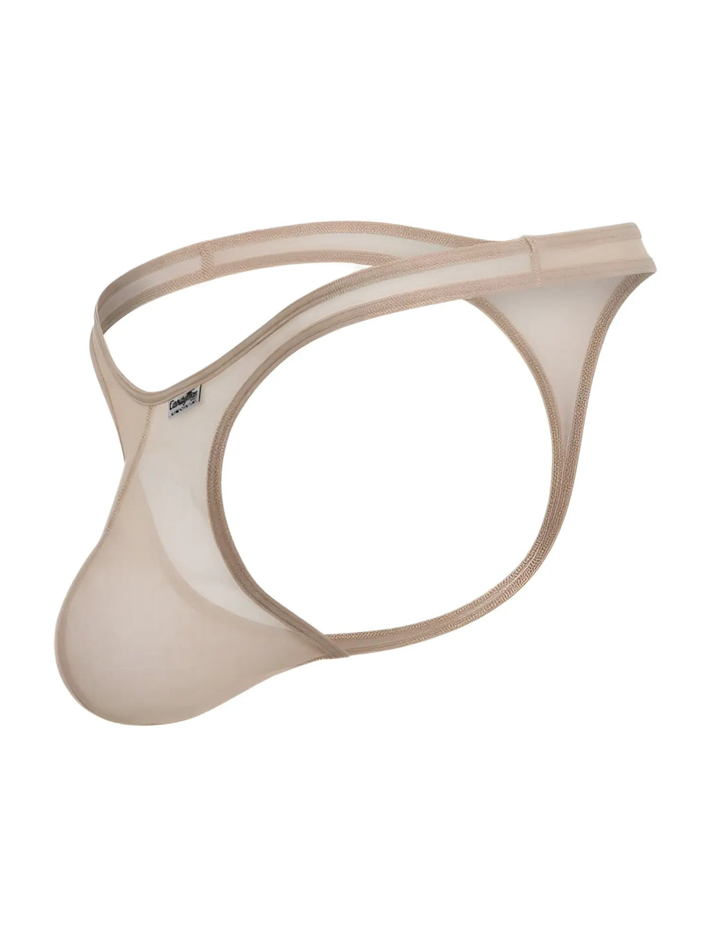 CandyMan beige mesh G-string thong with a contoured front pouch and minimal elastic waistband.