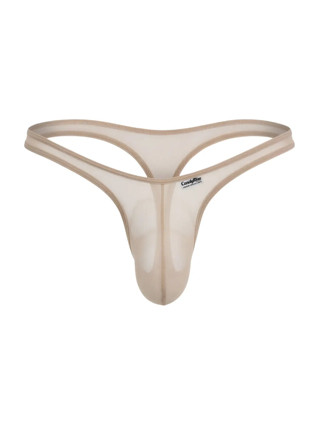 CandyMan beige mesh G-string thong with a contoured pouch and thin elastic waistband.
