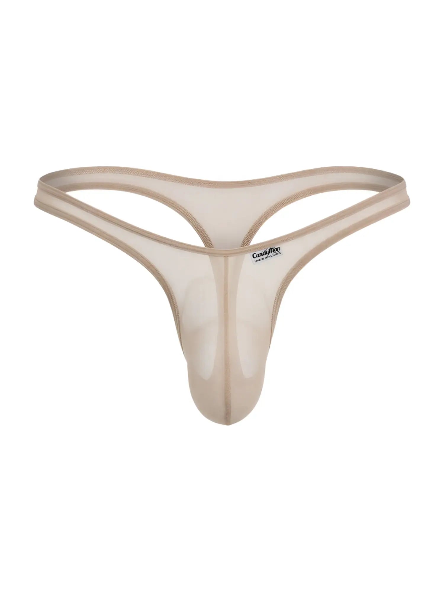 CandyMan beige mesh G-string thong with a contoured pouch and thin elastic waistband.