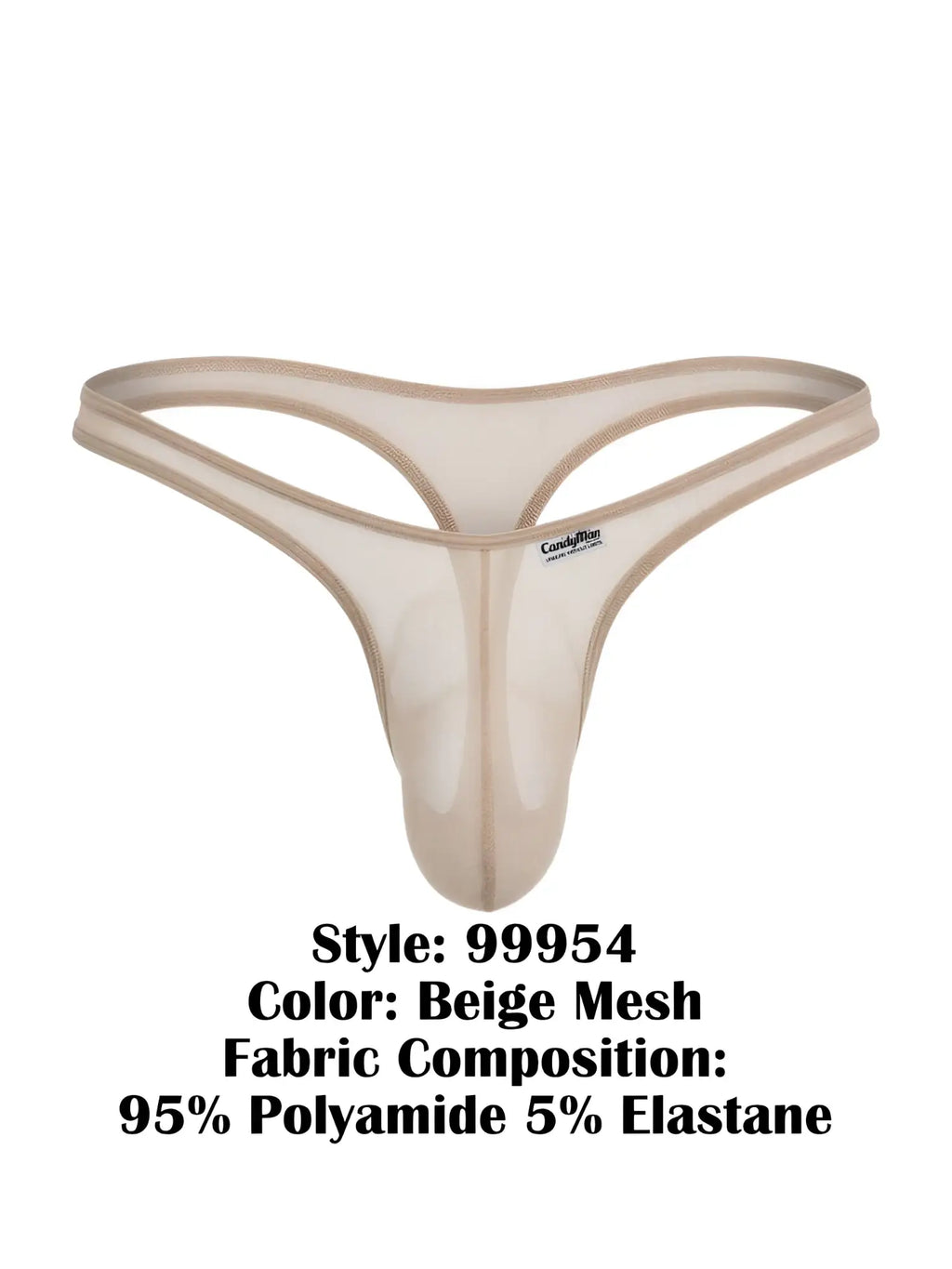CandyMan 99954 beige mesh thong with a contoured pouch and elastic waistband featuring the brand logo tag.