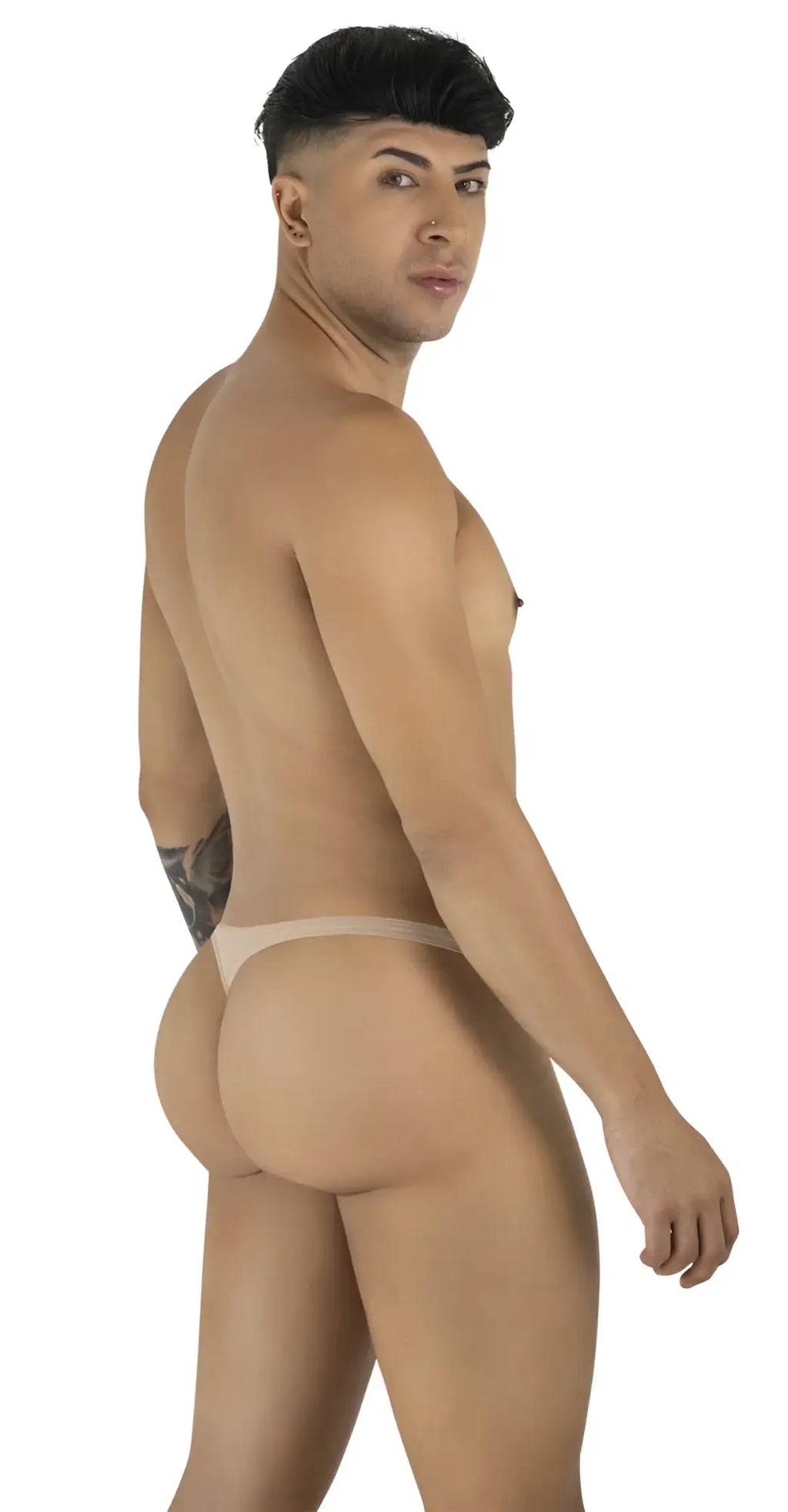 CandyMan beige mesh G-string thong on a model seen from the back, featuring a minimalist, low-rise design.